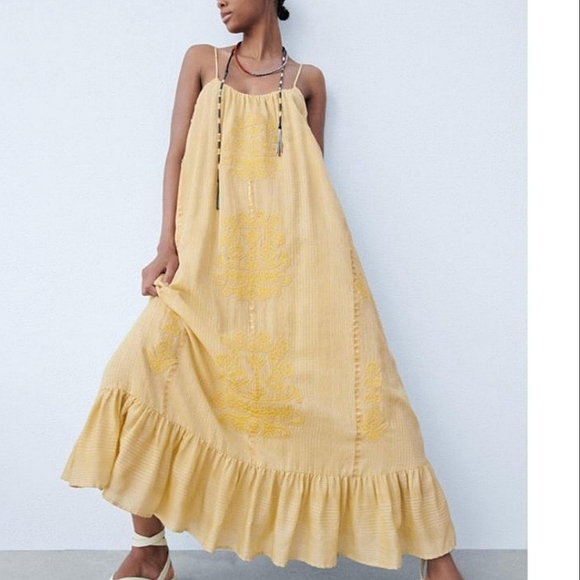 NWT Zara * Embroidered Maxi Long Dress Yellow - Picture 8 of 11